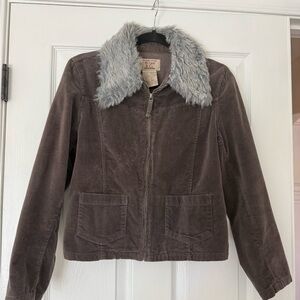 At Last Gray Corduroy Jacket with Gray Faux Fur Collar